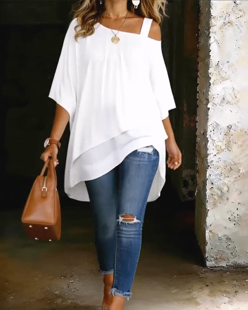 Marie | Blouse met asymmetrische open schouders, effen kleur, casual