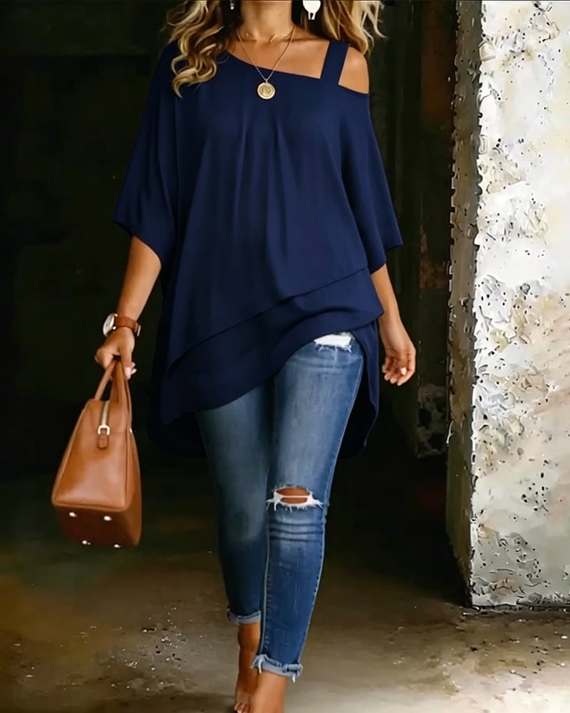 Marie | Blouse met asymmetrische open schouders, effen kleur, casual