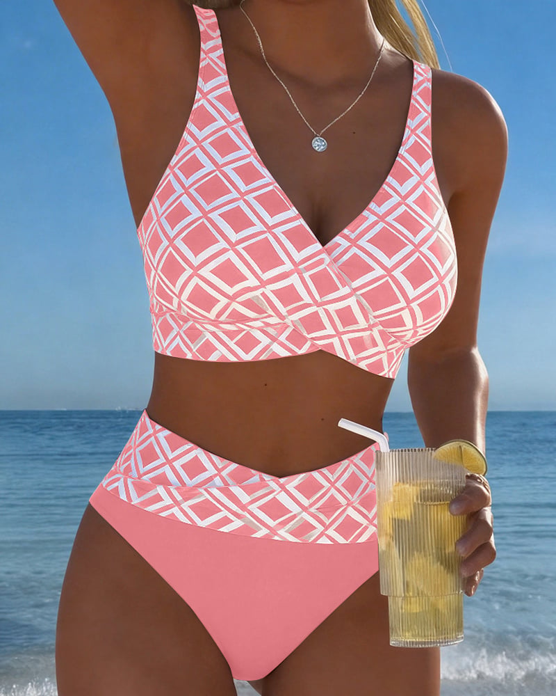 Two-piece bikini with a bra-style top and diamond pattern