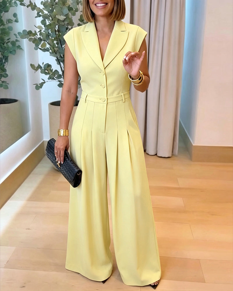 Vero™ | Jumpsuit met revers, V-hals, kapmouwtjes, hoge taille en wijde pijpen – elegante jumpsuit